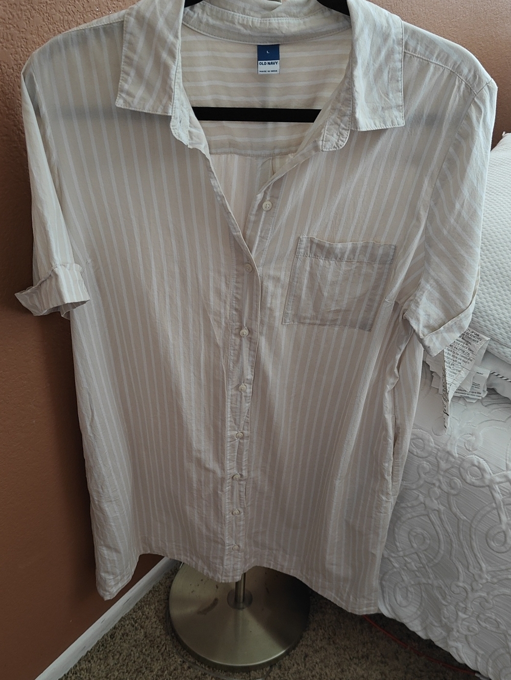 Old Navy Women's Cream and White Striped Button-Down Shirt Dress